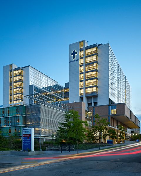 Exterior view at dusk of Providence Regional Medical Center in Everett, Washington.