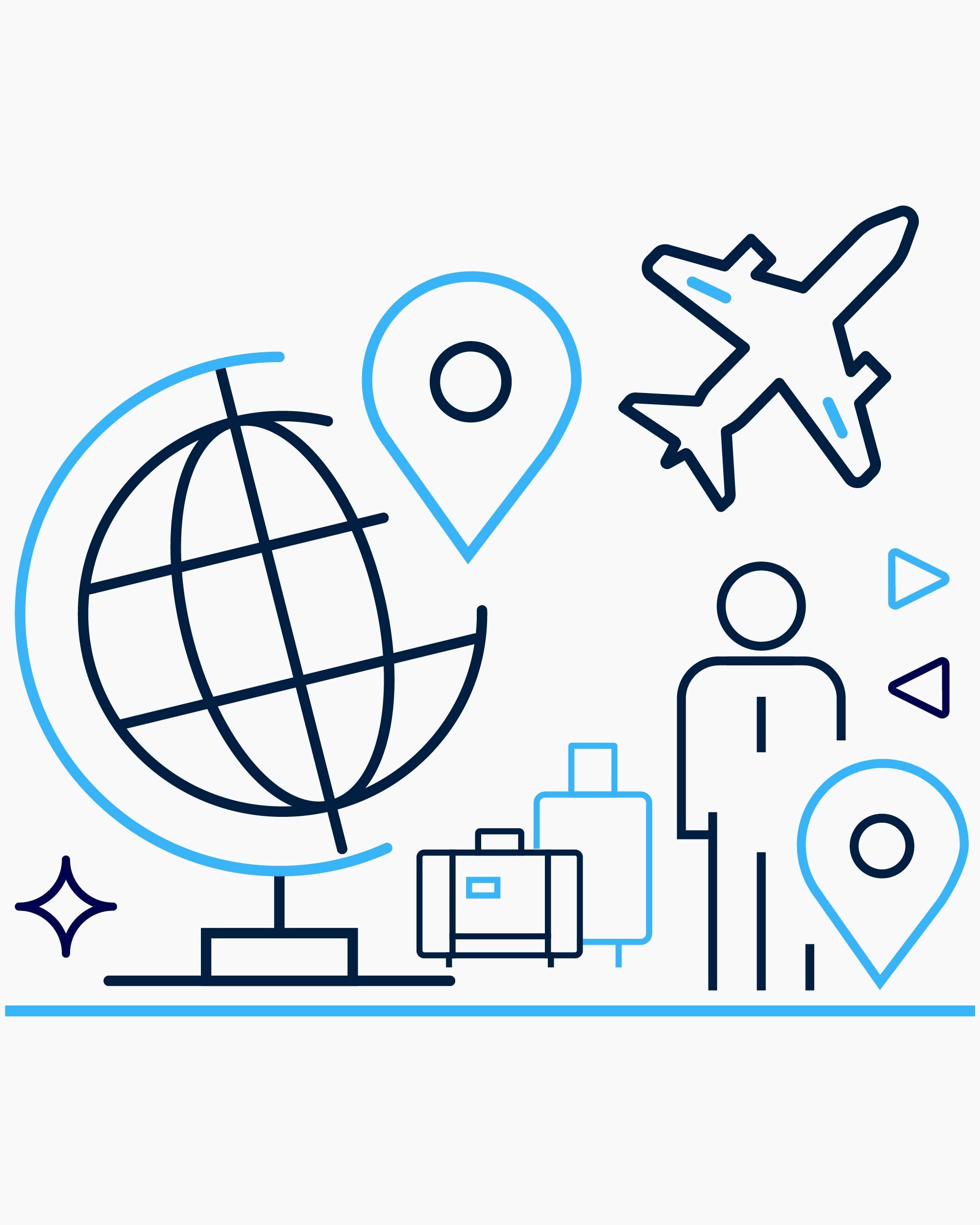 Outline of icons symbolizing travel: airplane, map marker, a gender-neutral person with luggage and spinning globe.  