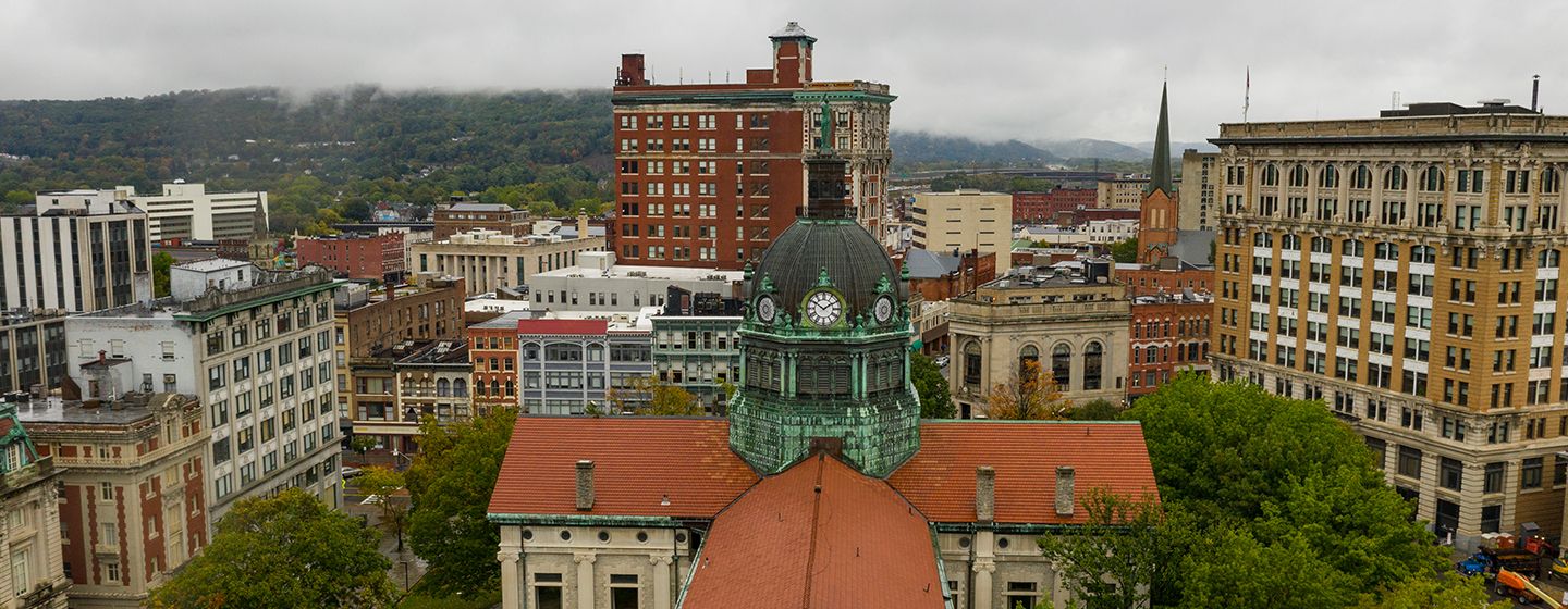 Aerial view of downtown Binghamton, NY.