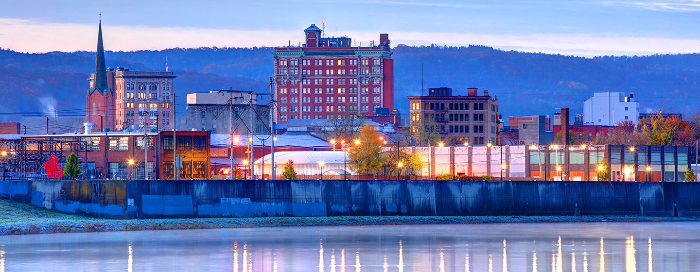 Binghamton, NY aerial view overlooking a river.
