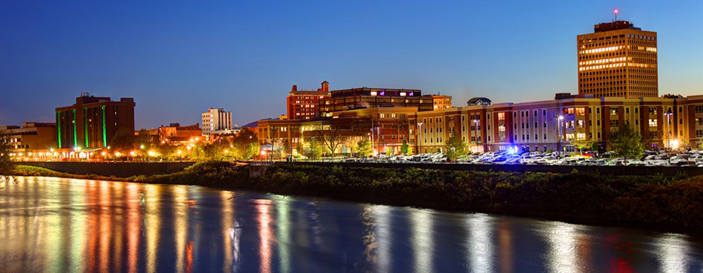 Binghamton, NY aerial view overlooking a river.