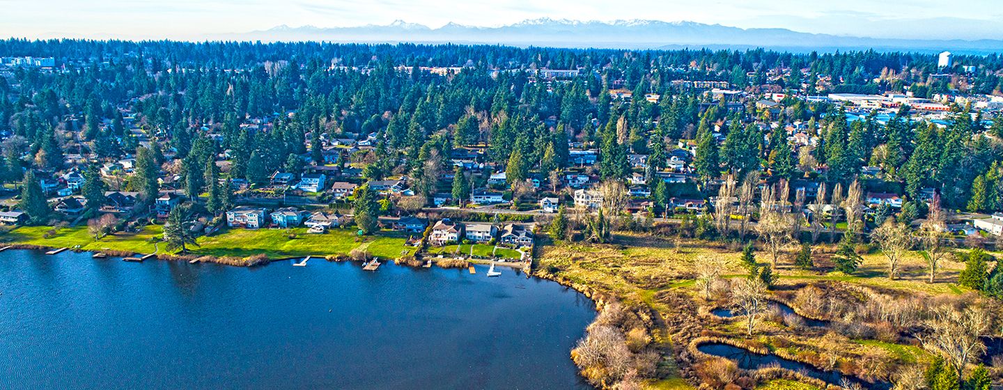 Aerial view in Everett, Washington with river at the center.