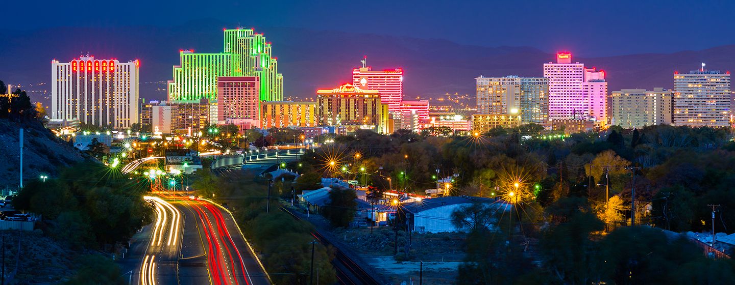 Downtown Reno, Nevada with glowing neon lights.