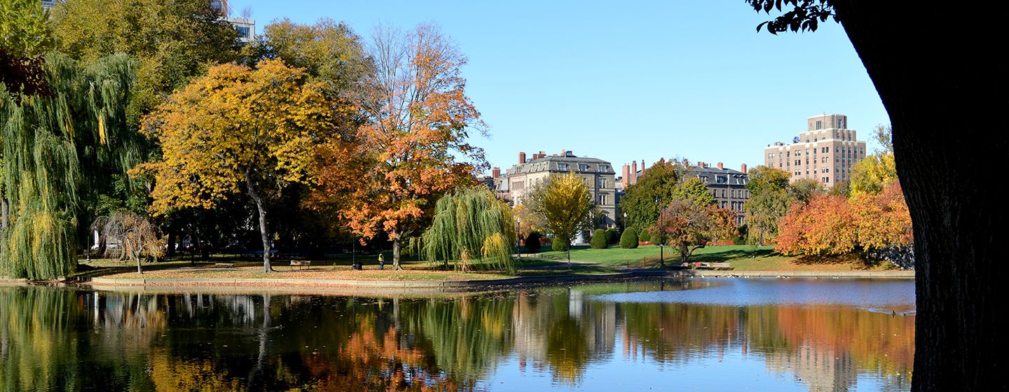 A park with a lake and city buildings in the background in the state of Massachusetts.