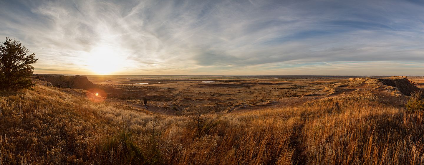 Natural yellow dry grass fields with clouds scattered throughout the sky at sunset in Oklahoma.