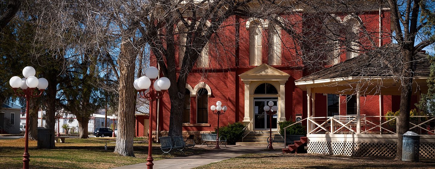 Red historical building in Texas.